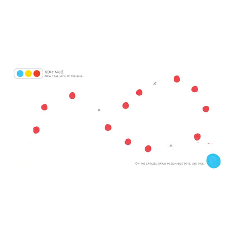 Interactive children's activity book page featuring red and blue dots with drawing instructions on a white background.
