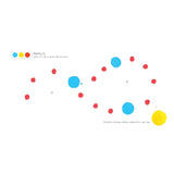 Illustration of red, blue, and yellow painted dots on a white background with instructional text for a children's book.