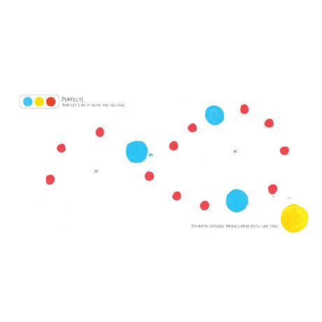 Illustration of red, blue, and yellow painted dots on a white background with instructional text for a children's book.