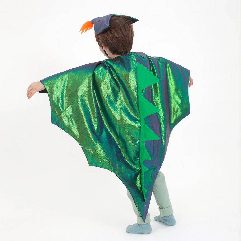 Featuring a shiny green dragon cape with fabric scales and gold accents, perfect for imaginative play and costumes.