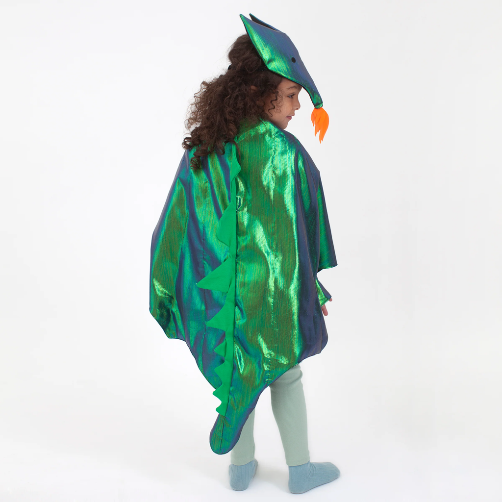 Featuring a shiny green dragon cape with fabric scales and gold accents, perfect for imaginative play and costumes.