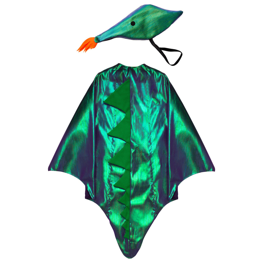 Featuring a shiny green dragon cape with fabric scales and gold accents, perfect for imaginative play and costumes.