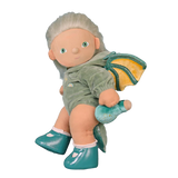 Plush doll with green dragon wings and a tail, wearing a green outfit and teal shoes.