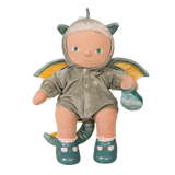 Plush baby doll wearing a green dragon costume with wings and a tail.