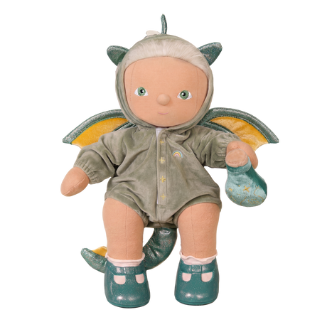 Plush baby doll wearing a green dragon costume with wings and a tail.