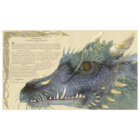Close-up illustration of a blue-scaled dragon next to an "Afterword" text page from the book Dragonology.