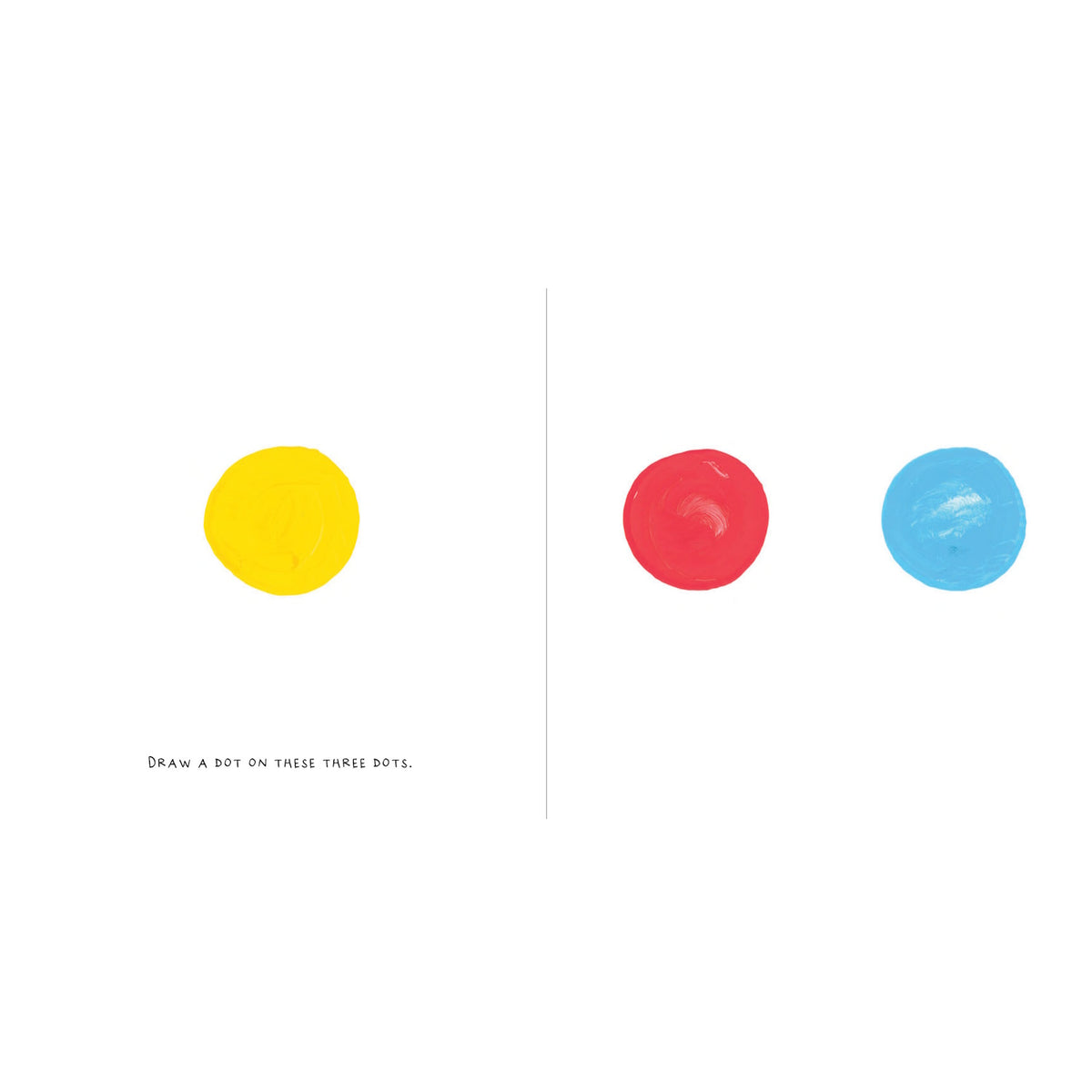 Yellow, red, and blue paint circles on a white background with text: Draw a dot on these three dots.