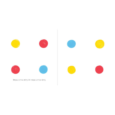 Activity book page with eight colorful circles (yellow, red, blue) and the text: Draw little dots on these little dots.