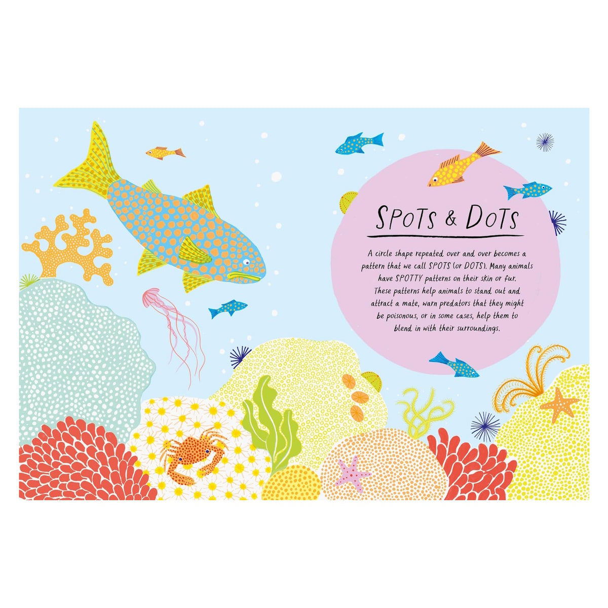 Colorful illustration of spotted fish and sea creatures on a coral reef, from a book titled "Spots and Dots."
