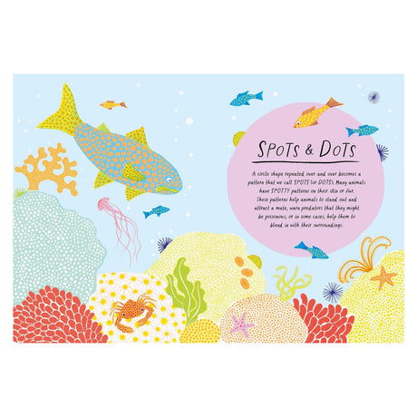 Colorful illustration of spotted fish and sea creatures on a coral reef, from a book titled "Spots and Dots."