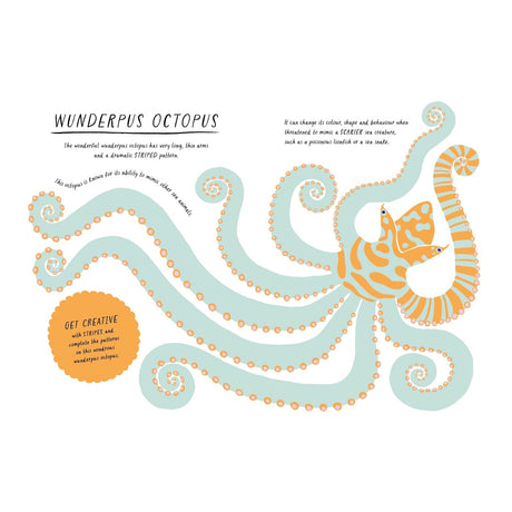 Wunderpus octopus illustration from a children's activity book with orange stripes and "Get Creative" prompt.