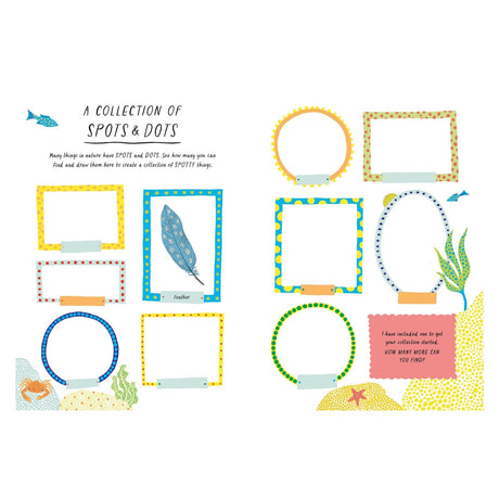 Colorful "Collection of Spots & Dots" nature activity book page with patterned frames, a feather, and sea life illustrations.