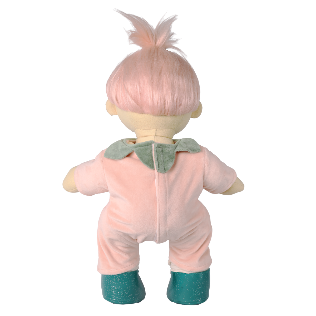 Back view of Olli Ella Dozy Dinkum Doll Piper Peach with pink hair, a peach suit, and green boots.