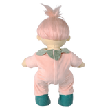 Back view of Olli Ella Dozy Dinkum Doll Piper Peach with pink hair, a peach suit, and green boots.