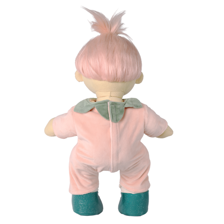 Back view of Olli Ella Dozy Dinkum Doll Piper Peach with pink hair, a peach suit, and green boots.