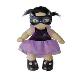 Plush doll wearing a black cat mask and purple sparkly dress against a white background.