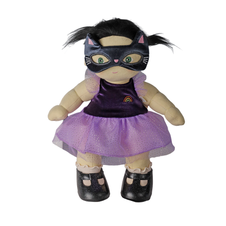 Plush doll wearing a black cat mask and purple sparkly dress against a white background.