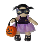 Plush doll in a cat mask holding a pumpkin treat bag, set against a white background.