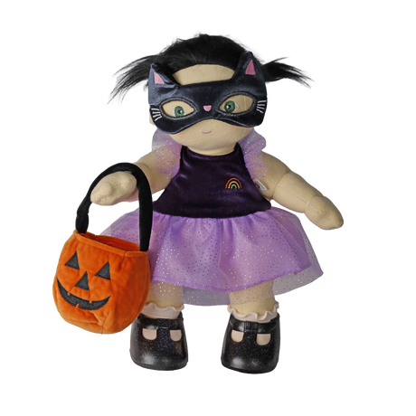 Plush doll in a cat mask holding a pumpkin treat bag, set against a white background.