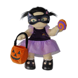 Plush doll wearing a cat mask, holding a pumpkin bag and plush lollipop against a white background.