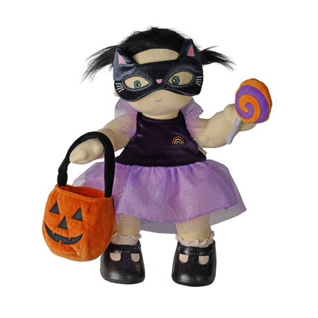 Plush doll wearing a cat mask, holding a pumpkin bag and plush lollipop against a white background.