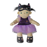 Plush doll in a cat mask lifted above its eyes, dressed in purple, set against a white background.