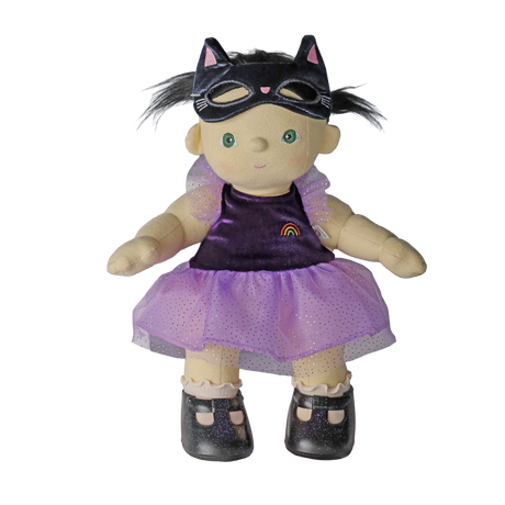 Plush doll in a cat mask lifted above its eyes, dressed in purple, set against a white background.