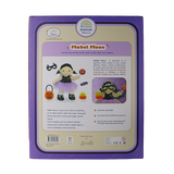 Back of toy packaging detailing the features and story of a Halloween-themed plush doll.