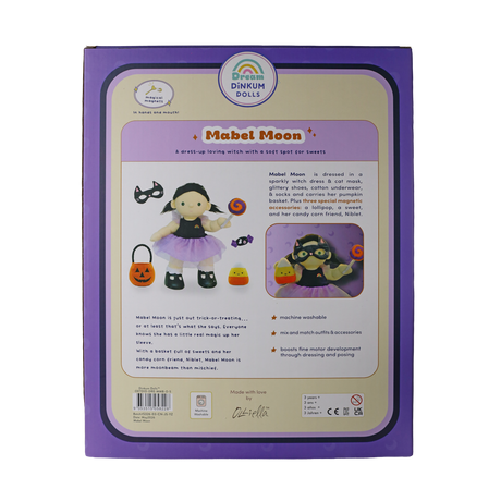 Back of toy packaging detailing the features and story of a Halloween-themed plush doll.