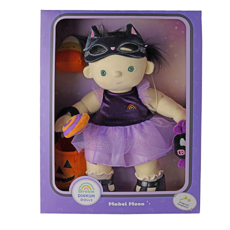 Plush doll dressed in a cat mask and purple outfit inside its original product packaging.