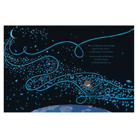 Starry night scene with flowing blue lines and scattered stars. A child floats among them, evoking a sense of wonder and dreams. Text reads poetic verses.