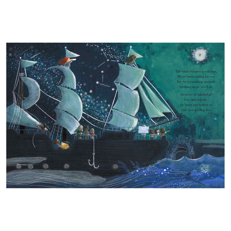 Illustration of a whimsical ship with large sails against a starry night sky. Animals are aboard, conveying adventure. A comforting poem is on the right.