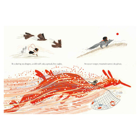 Illustration of imaginative adventure. A child plays, pretending to be animals and explorers; a red sea dragon, wolves, and a daring egglet feature prominently.