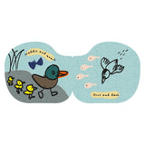 Inside pages of the Wee Gallery Duck & Friends bath book featuring a duck with ducklings and a diving bird illustration.