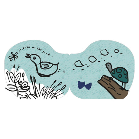 Illustration of a duck and turtle at a pond from a children's bath book titled "Friends at the pond."