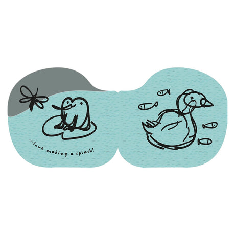 Children's bath book illustration of a frog on a lily pad and a duck swimming with fish.