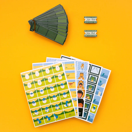 Dinosaur flip book animation kit featuring illustrated frame sheets, film strips, and tickets on yellow.