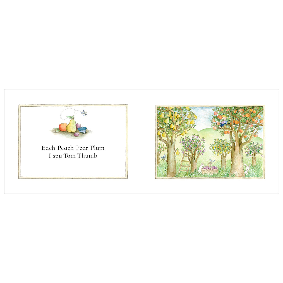 Two-page spread illustration. Left: Text "Each Peach Pear Plum, I spy Tom Thumb" near fruits. Right: Orchard with trees, distant hills, and a hidden figure.