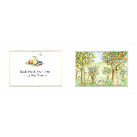 Two-page spread illustration. Left: Text "Each Peach Pear Plum, I spy Tom Thumb" near fruits. Right: Orchard with trees, distant hills, and a hidden figure.