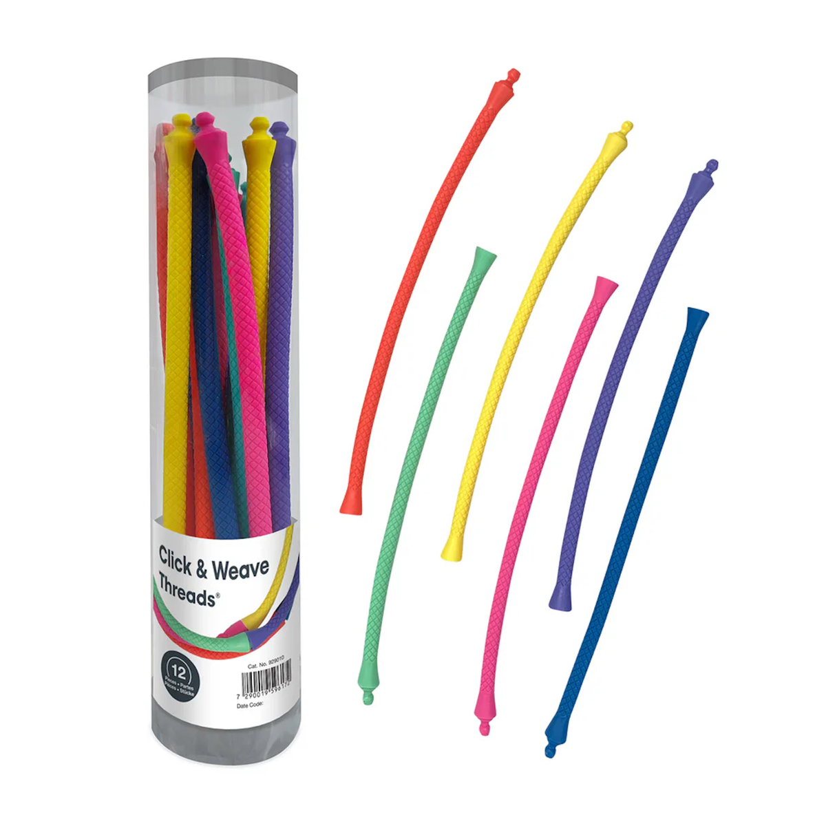 A clear tub contains colorful, flexible Click & Weave Threads in red, yellow, blue, pink, and green, with some threads displayed outside.