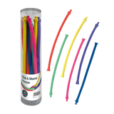 A clear tub contains colorful, flexible Click & Weave Threads in red, yellow, blue, pink, and green, with some threads displayed outside.