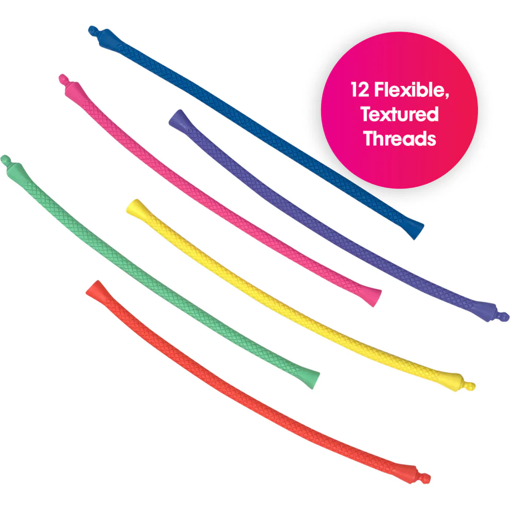Bright, flexible textured threads in blue, pink, purple, green, and red are arranged fan-like. A pink circle reads "12 Flexible, Textured Threads."