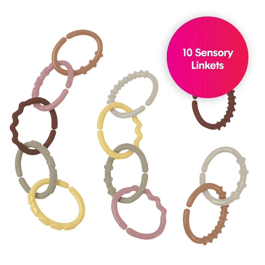 Ten colorful sensory link rings with varied textures are arranged, showcasing different loop styles. A pink circle label reads "10 Sensory Linkets."