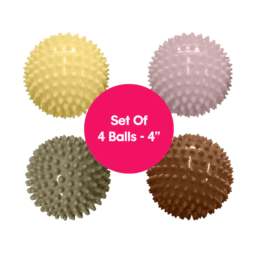 Set of four spiky balls in pastel colors: yellow, pink, gray, brown. Central pink circle text reads "Set of 4 Balls - 4 inches."