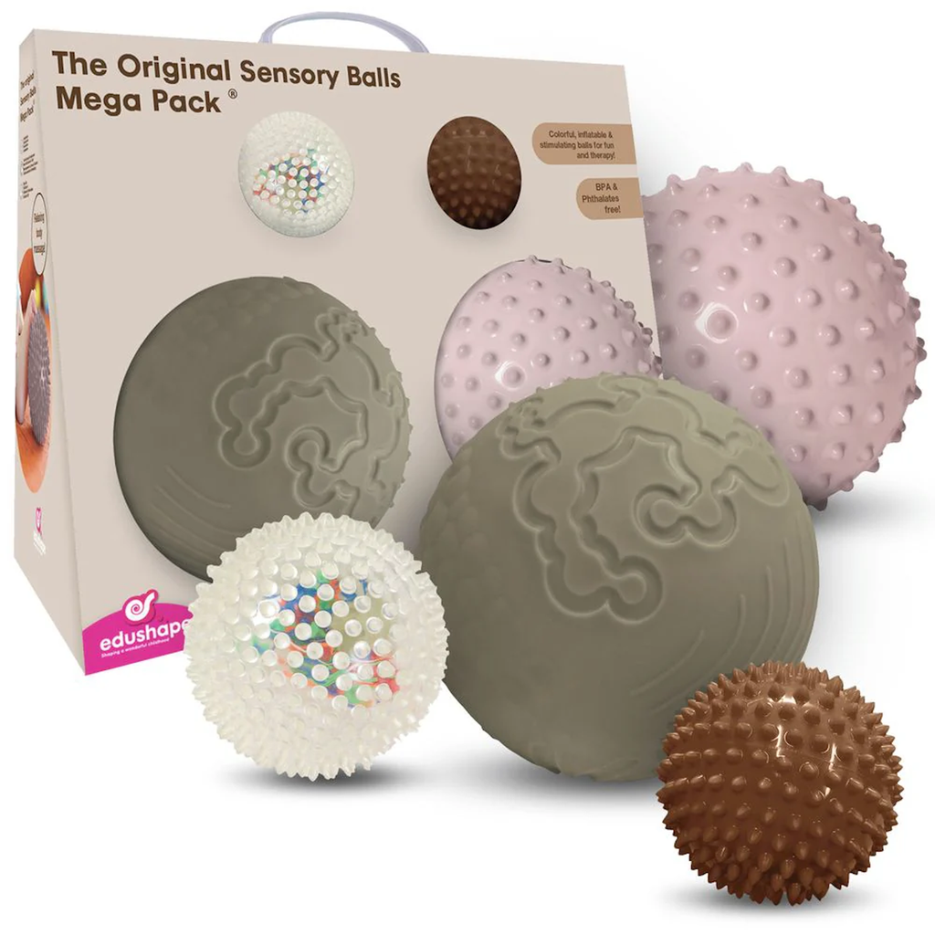 A box of sensory balls is displayed with various textured and colorful balls. The set highlights tactile engagement and playful design, evoking a fun learning experience.