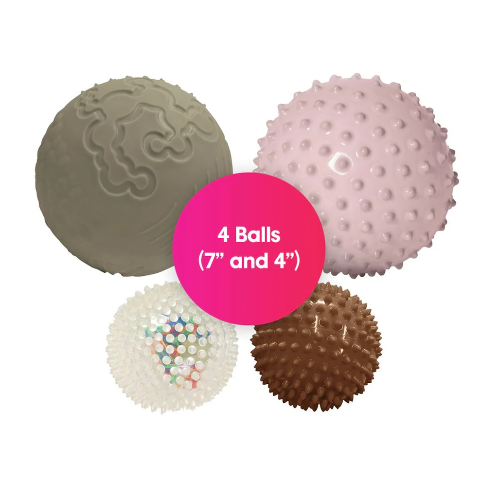 Four textured balls are displayed: a gray ball with wavy patterns, a pink ball with large bumps, a white ball with small colorful dots, and a brown spiky ball. A pink circle with text reads "4 Balls (7” and 4”)".