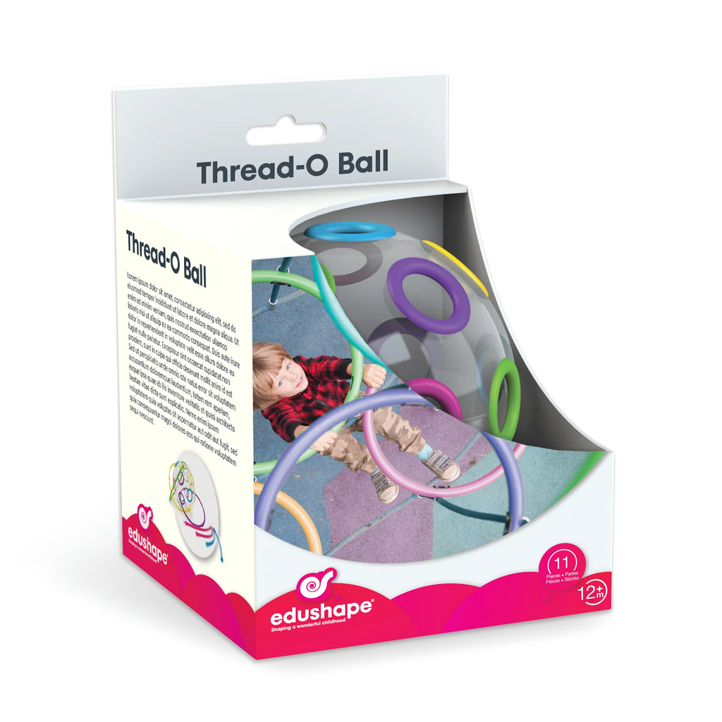 Packaging of "Thread-O Ball" toy by Edushape. Features colorful, interlocking rings. Image shows a child playing, conveying fun and creativity.