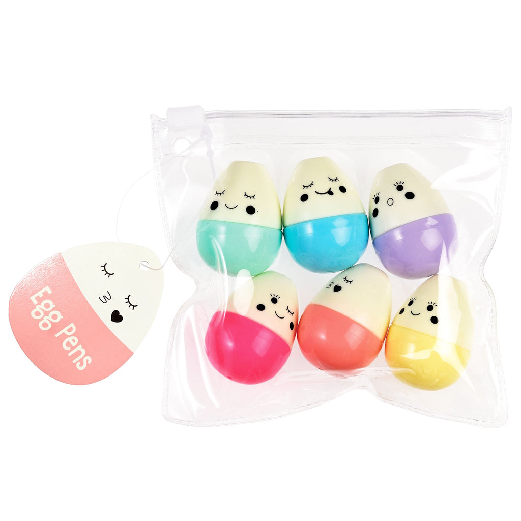 A clear bag holds six colorful egg-shaped pens with cute faces in pink, blue, green, yellow, and purple, labeled "Egg Pens."