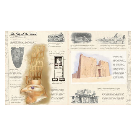 An ancient Egyptian-themed collage with text, sketches, and images. Highlights include a falcon headpiece, temple illustration, and historical artifacts, evoking a historical tone.