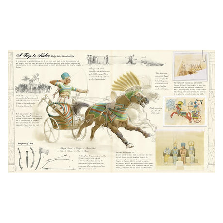Illustration of an ancient warrior in a chariot drawn by horses. Surrounded by sketches and text of historical context and artifacts, conveying a sense of history and adventure.